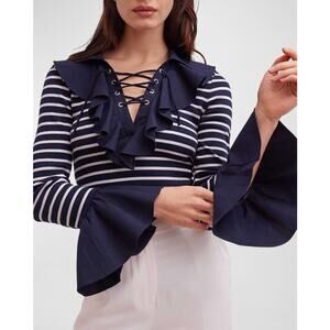 Anne Fontaine Coquillage Striped Bell-Sleeve Ruffle Top